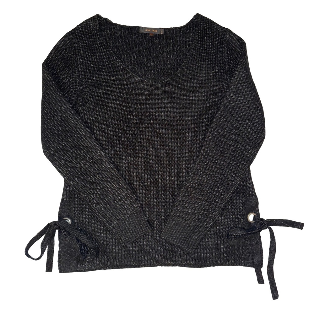 LOVE TREE Black Gray‎ Knit V Neck Side Tie Sweater Women's Medium